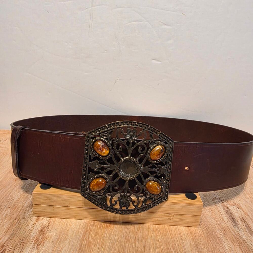 Bohemian Style Italian Leather Brown wide strap belt antique brass buckle